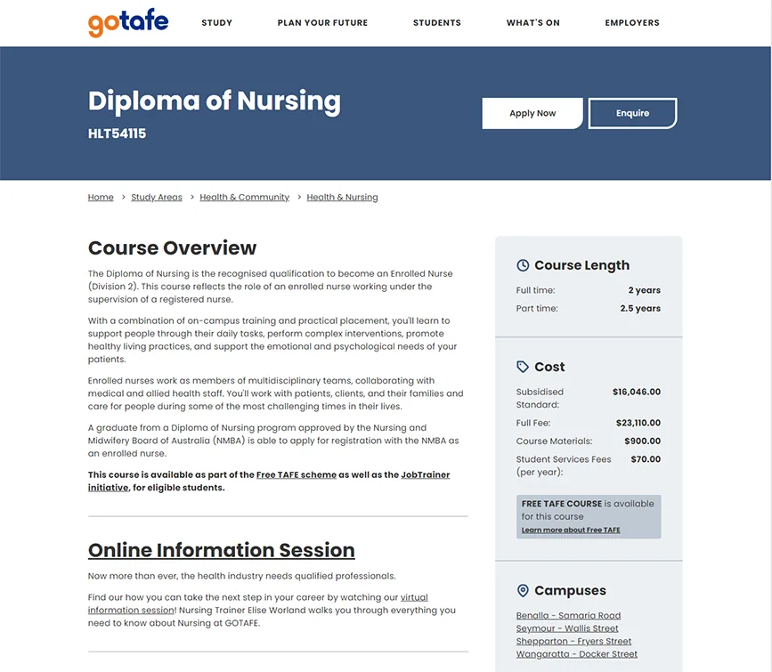 A screenshot of the existing GOTAFE course page